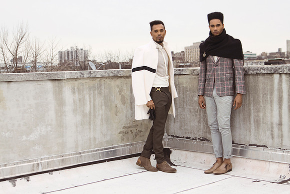 Fashion photography of men in designer suits on rooftop in New York City